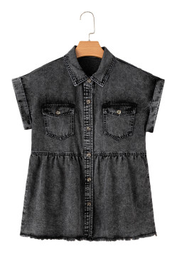 Black Flap Pocket Button Up Raw Hem Short Sleeve Denim Shirt