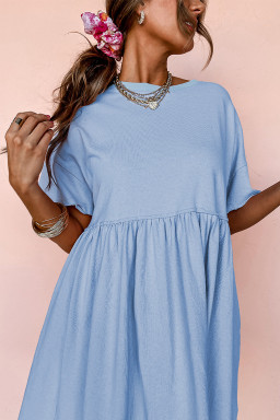 Sky Blue Solid Color Pocket Raw Edge Babydoll Dress