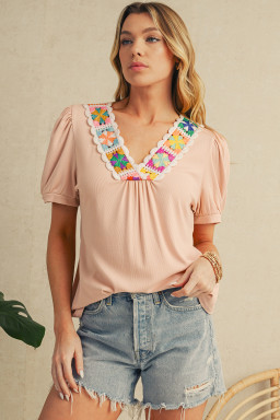 Pale Chestnut Floral Crochet V Neck Crinkled Blouse