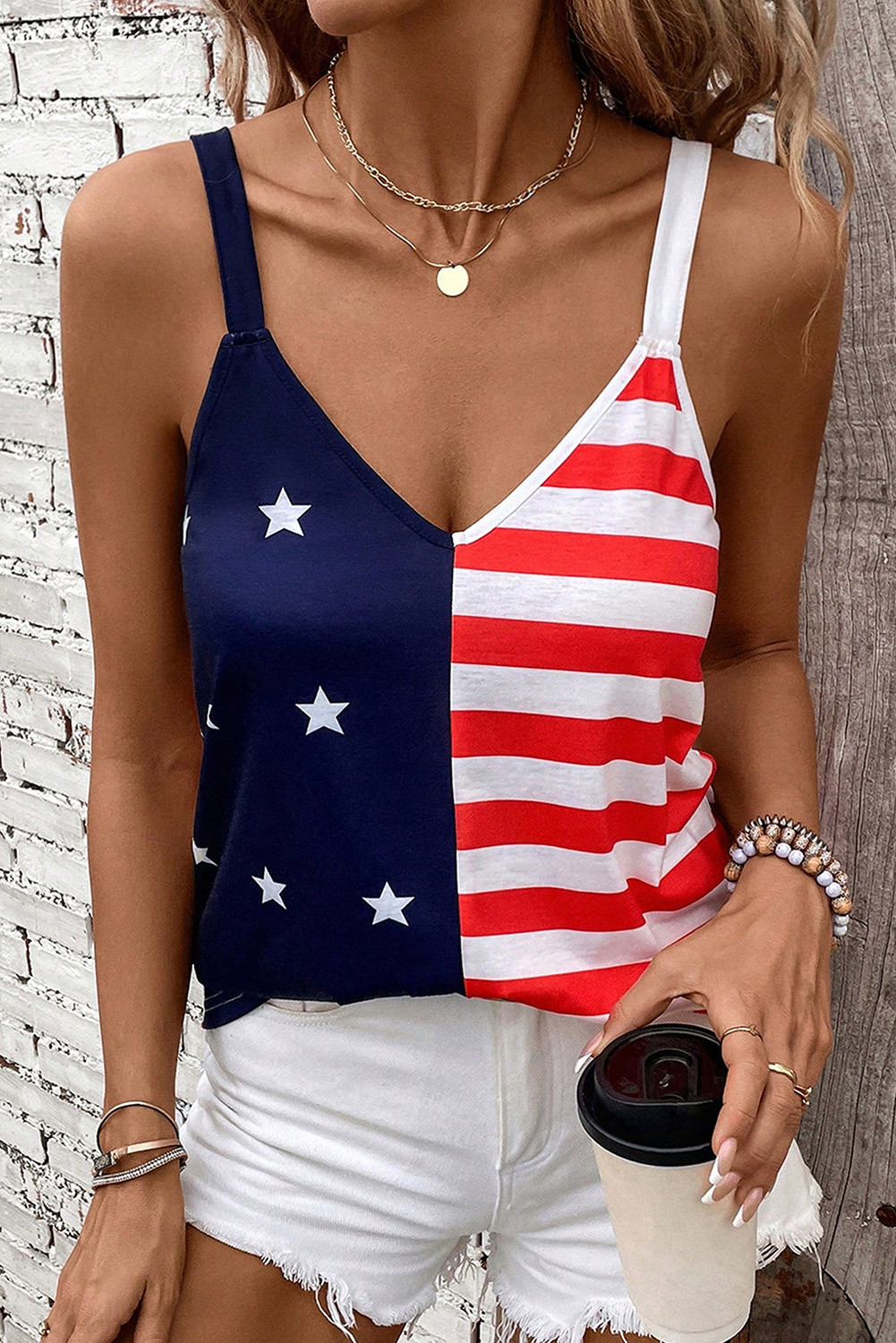 Red Stars and Stripes V Neck Colorblock Camisole