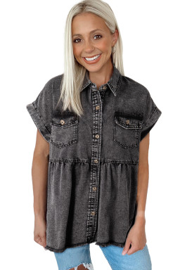 Black Flap Pocket Button Up Raw Hem Short Sleeve Denim Shirt