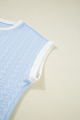 Beau Blue Contrast Trim Textured Crewneck Top and Pocketed Skirt Set