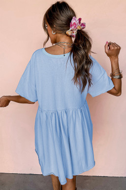 Sky Blue Solid Color Pocket Raw Edge Babydoll Dress