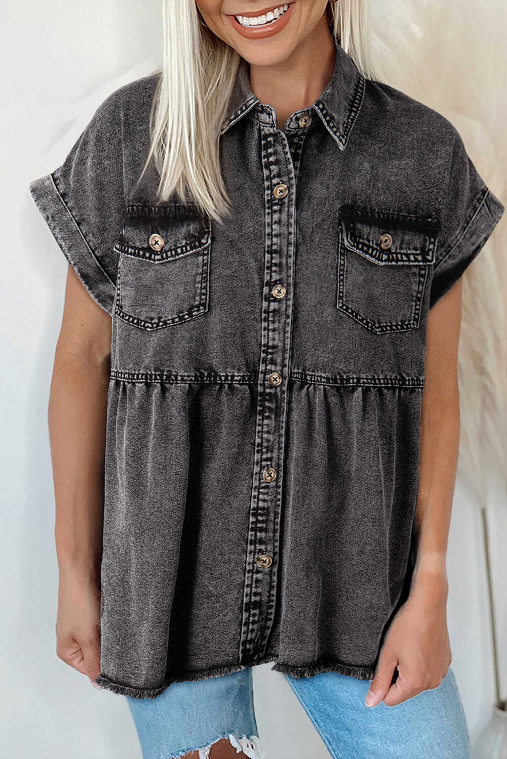Black Flap Pocket Button Up Raw Hem Short Sleeve Denim Shirt