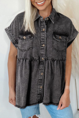 Black Flap Pocket Button Up Raw Hem Short Sleeve Denim Shirt