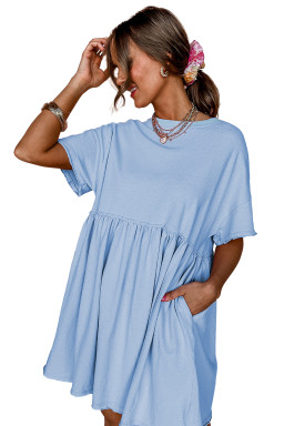 Sky Blue Solid Color Pocket Raw Edge Babydoll Dress