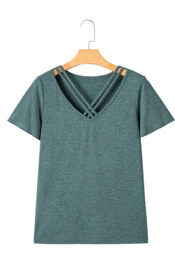 Mist Green Crisscross V Neck Flutter Sleeve T Shirt