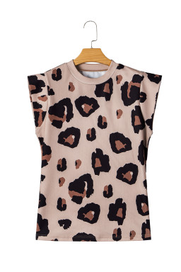 Khaki Leopard Round Neck Cap Sleeve Casual Tee