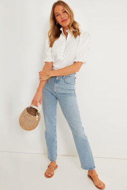 White Solid Color Frill Trim Puff Sleeve Blouse