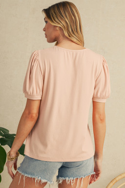 Pale Chestnut Floral Crochet V Neck Crinkled Blouse