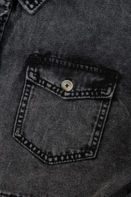 Black Flap Pocket Button Up Raw Hem Short Sleeve Denim Shirt