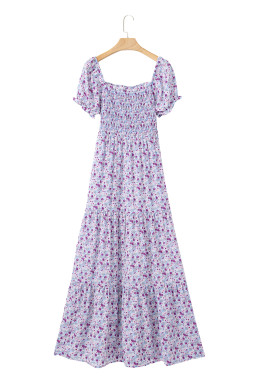 Purple Floral Short Bubble Sleeve Smocked High Waist Maxi Dress