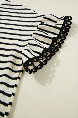 Black Stripe Scallop Lace Trim Ruffle Sleeves Crewneck Top