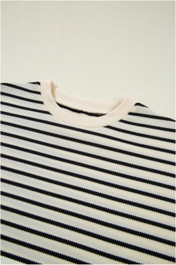 Black Stripe Scallop Lace Trim Ruffle Sleeves Crewneck Top