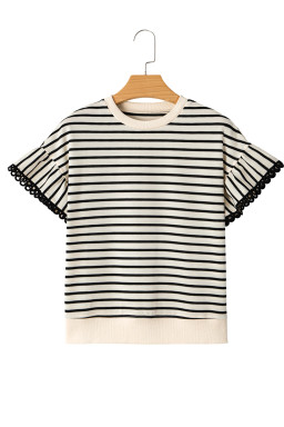 Black Stripe Scallop Lace Trim Ruffle Sleeves Crewneck Top
