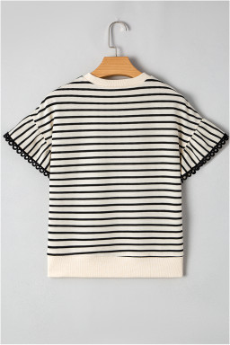Black Stripe Scallop Lace Trim Ruffle Sleeves Crewneck Top