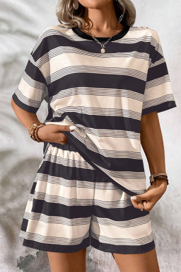 Black Stripe Short Sleeve T-Shirt and High Waist Pocket Shorts Set