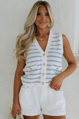 Sky Blue Striped V Neck Button Knit Vest