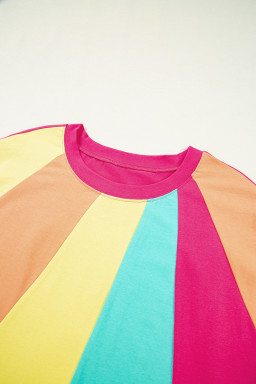 Rose Red Colorblock Ruffle Sleeve Loose Fit T Shirt