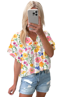 Yellow Allover Floral Print Boxy Fit V Neck Blouse