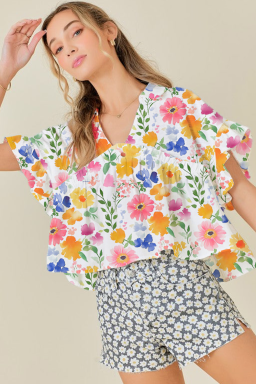 Yellow Allover Floral Print Boxy Fit V Neck Blouse