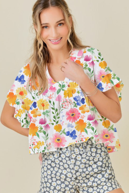 Yellow Allover Floral Print Boxy Fit V Neck Blouse