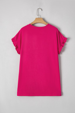 Rose Red Colorblock Ruffle Sleeve Loose Fit T Shirt