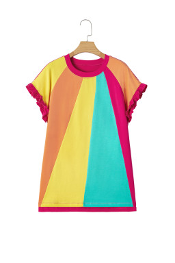 Rose Red Colorblock Ruffle Sleeve Loose Fit T Shirt