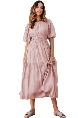 Pink Puff Sleeve High Waist Flowy Midi Dress