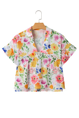 Yellow Allover Floral Print Boxy Fit V Neck Blouse