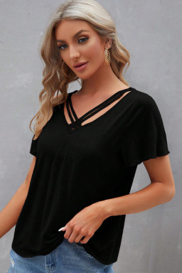 Black Crisscross V Neck Flutter Sleeve T Shirt