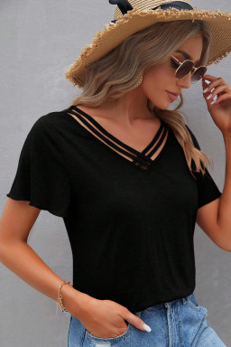 Black Crisscross V Neck Flutter Sleeve T Shirt