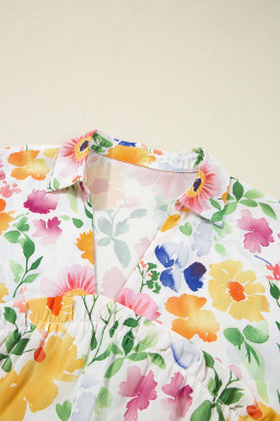Yellow Allover Floral Print Boxy Fit V Neck Blouse