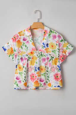 Yellow Allover Floral Print Boxy Fit V Neck Blouse