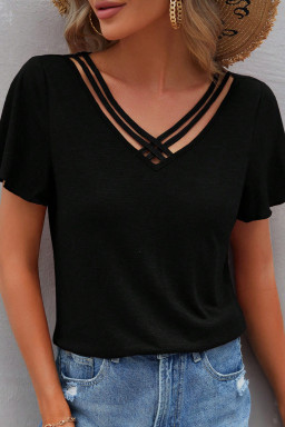 Black Crisscross V Neck Flutter Sleeve T Shirt