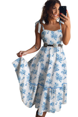 Sky Blue Floral Print Smocked Knot Shoulder Sleeveless Midi Dress
