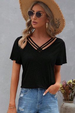 Black Crisscross V Neck Flutter Sleeve T Shirt