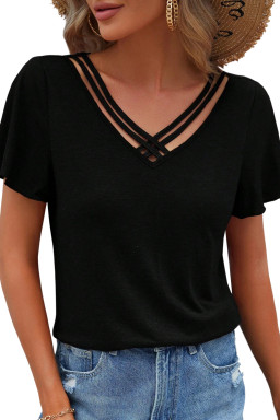 Black Crisscross V Neck Flutter Sleeve T Shirt