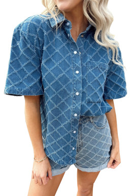 Dusk Blue Checkered Textured Short Sleeve Pocket Denim Shirt