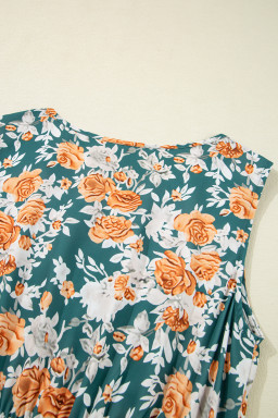 Green Floral Print Trimmed V Neck Sleeveless Vacation Dress