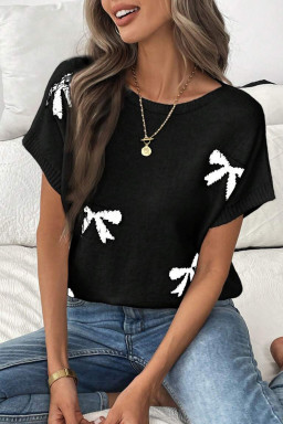 Black Bow Pattern Short Sleeve Knit Top