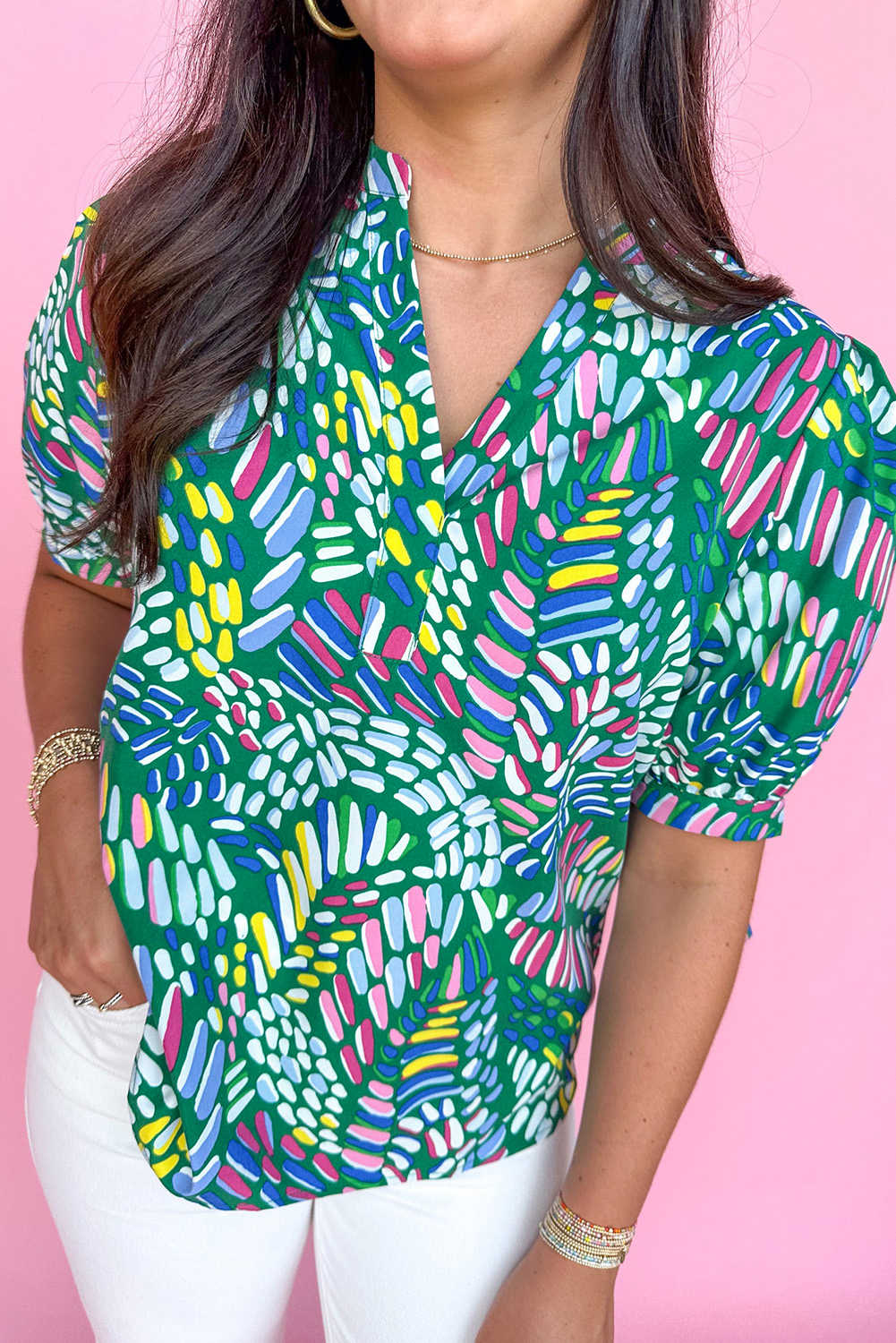 Green Geometric Print Puff Sleeve Notched Neck Blouse