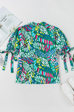 Green Geometric Print Puff Sleeve Notched Neck Blouse