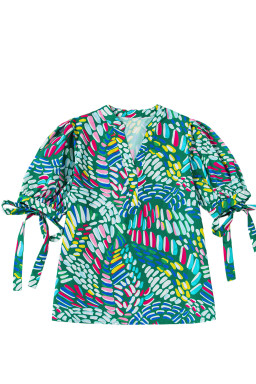 Green Geometric Print Puff Sleeve Notched Neck Blouse