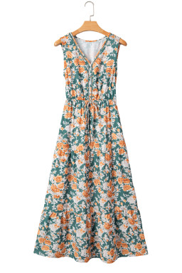 Green Floral Print Trimmed V Neck Sleeveless Vacation Dress