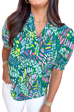 Green Geometric Print Puff Sleeve Notched Neck Blouse