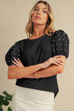 Black Pearl Beaded Puff Sleeve Ribbed Top