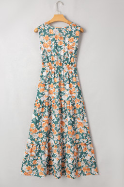 Green Floral Print Trimmed V Neck Sleeveless Vacation Dress