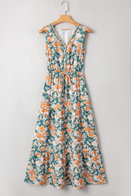 Green Floral Print Trimmed V Neck Sleeveless Vacation Dress