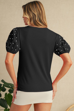 Black Pearl Beaded Puff Sleeve Ribbed Top
